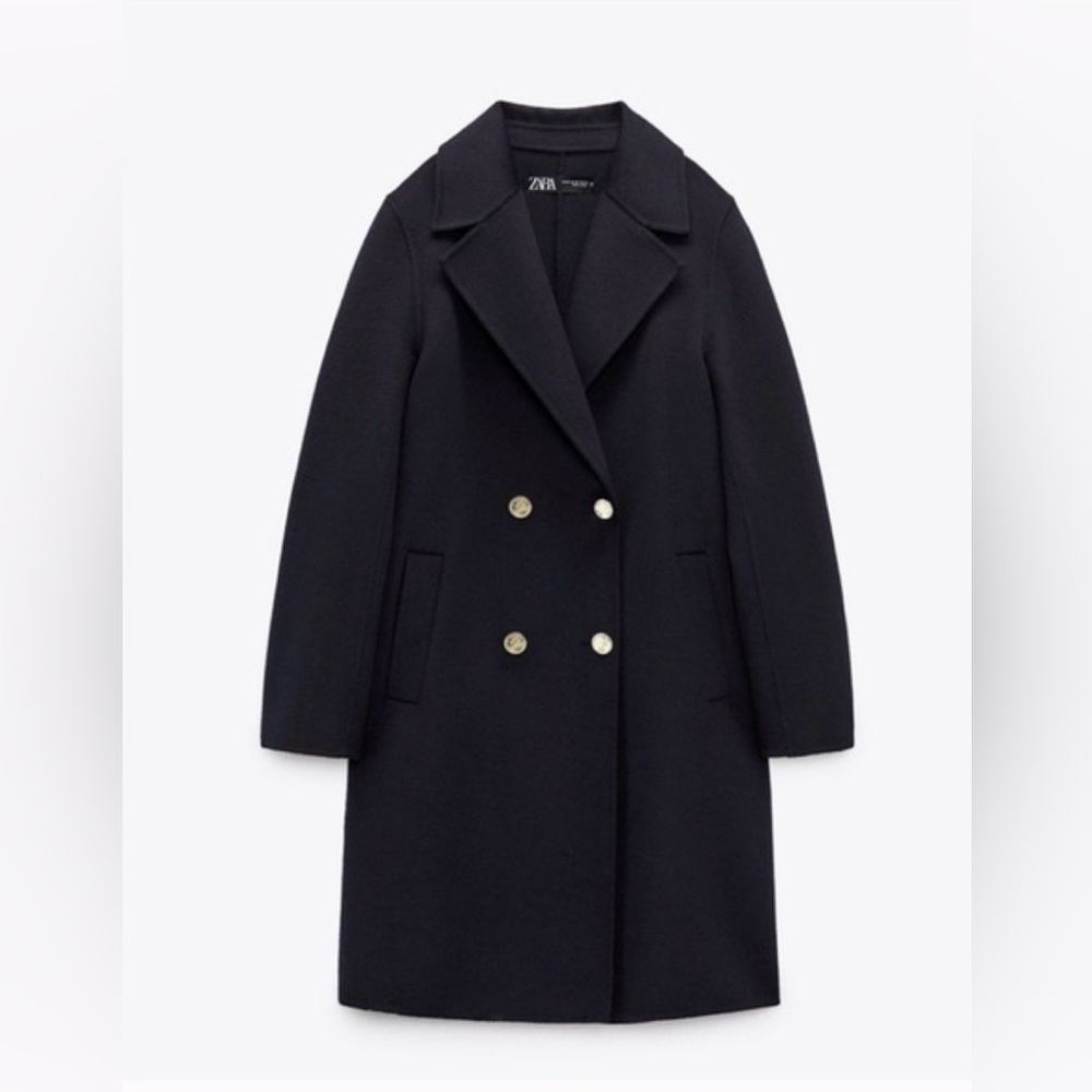 ✨ Zara Navy Blue Wool Blend Double Breasted Coat with Gold Buttons